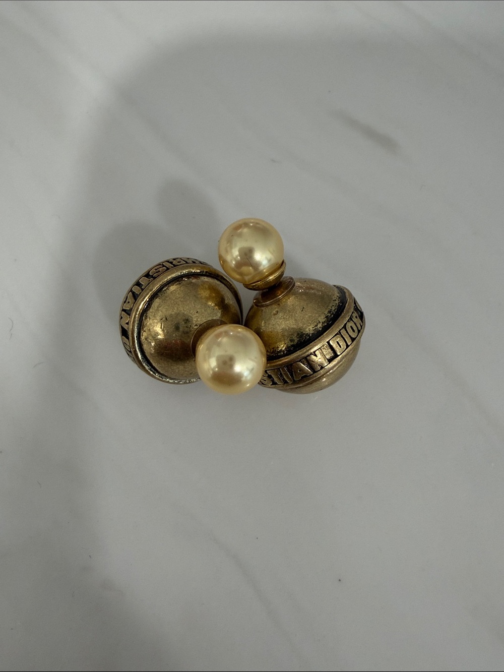Gold-Tone Pearl Double-Sided Earrings - Designer Logo Accent